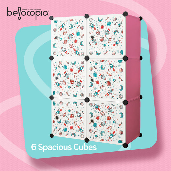 BELOCOPIA EZ STOR Plastic Wardrobe | 6 Cube | Pink | Modular Storage Cabinet with Doors | DIY Foldable Clothes Organizer for Bedroom, Kids Room & Home Storage | Dustproof Wardrobe Closet