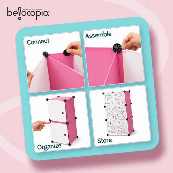 BELOCOPIA EZ STOR Plastic Wardrobe | 6 Cube | Pink | Modular Storage Cabinet with Doors | DIY Foldable Clothes Organizer for Bedroom, Kids Room & Home Storage | Dustproof Wardrobe Closet
